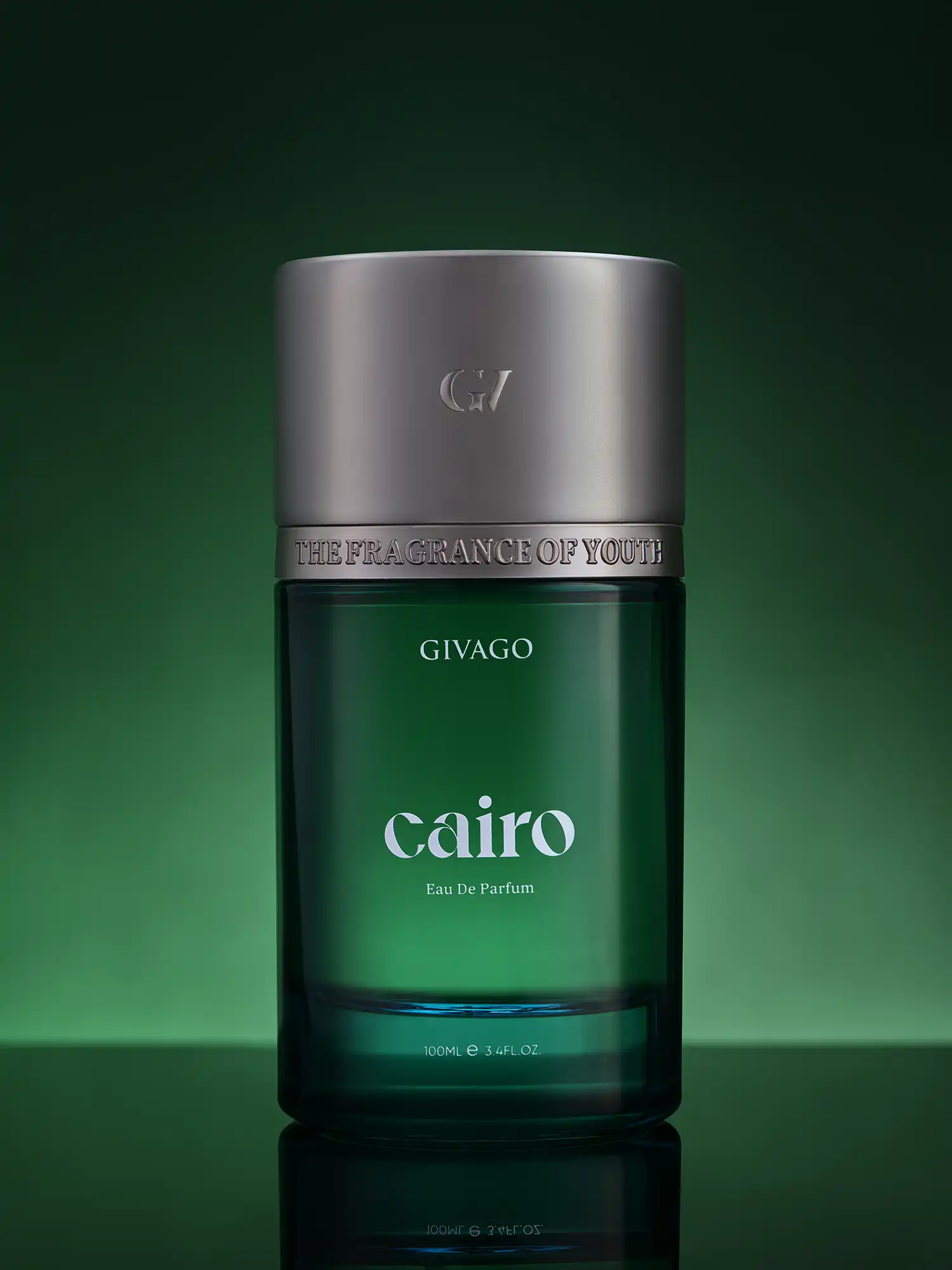 Givago Cairo perfume photography © Mechanix Studios Givago Cairo green perfume bottle front-on against a deep green gradient backdrop