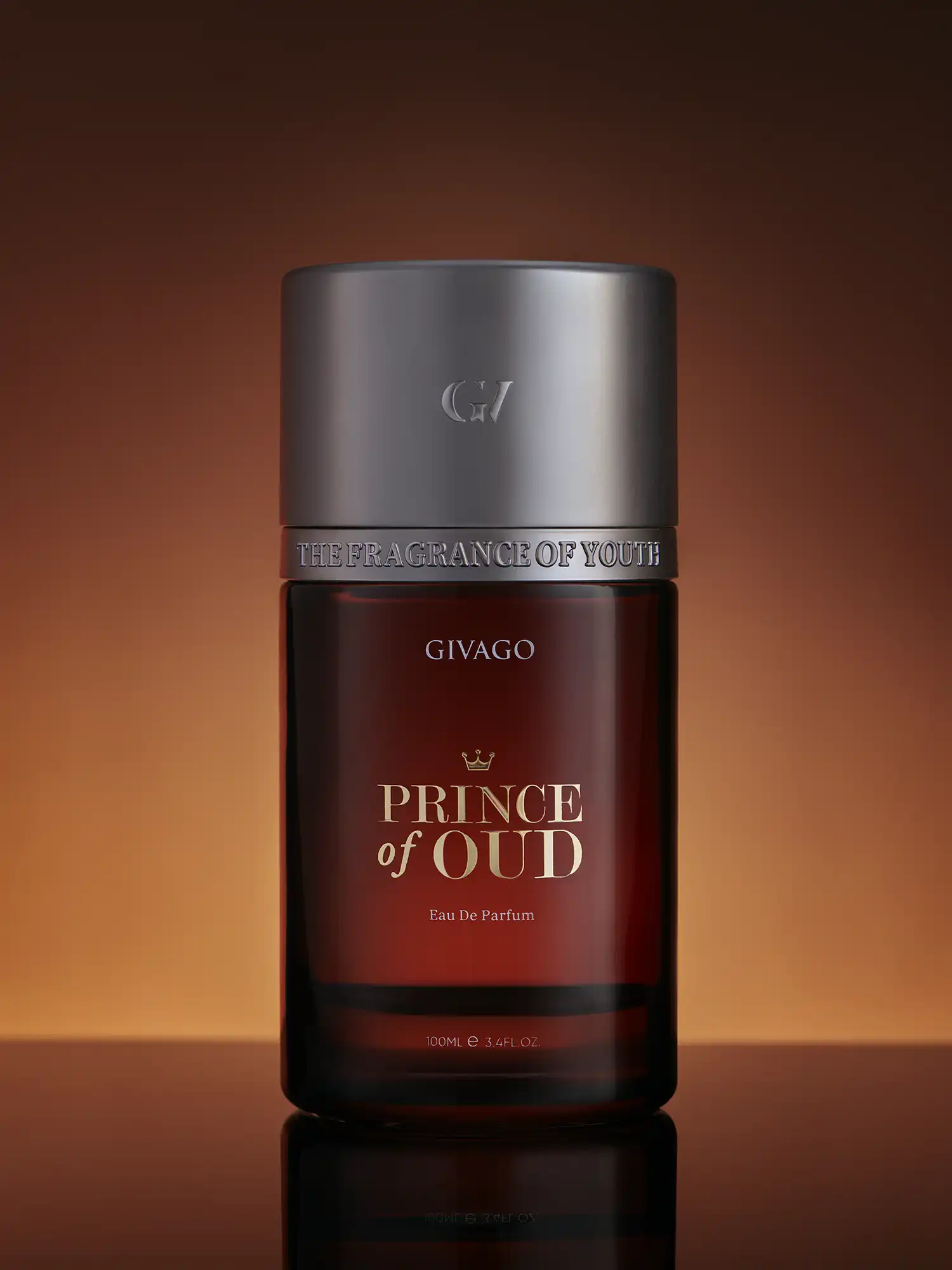 Givago Prince of Oud perfume photography © Mechanix Studios Givago Prince of Oud perfume bottle front-on against a warm amber gradient