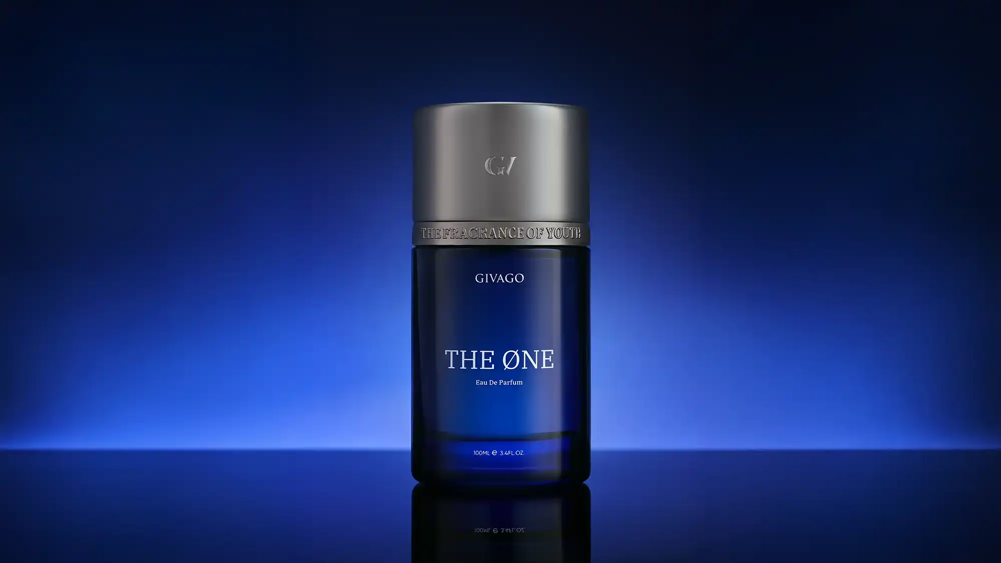 Givago The One perfume photography © Mechanix Studios Givago The One blue perfume bottle on a reflective surface with a blue horizon glow